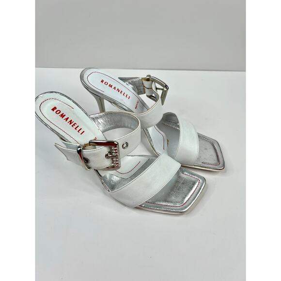Romanelli Collezioni Size 9.5 Strap White Sandal w/Silver Heel Rhinestone Buckle - Picture 5 of 12